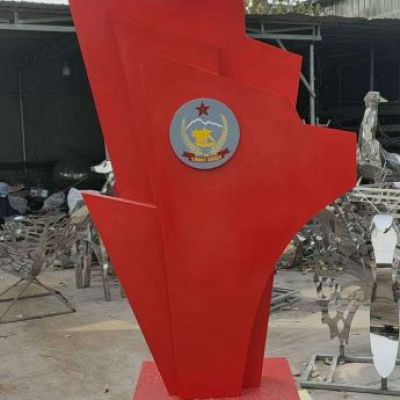 部隊(duì)不銹鋼軍徽紅旗雕塑